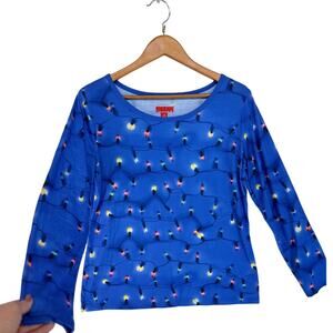 Long Sleeve‎ "Christmas Lights" LARGE Blue Scoop Neck  PJ T-Shirt Womens Casual